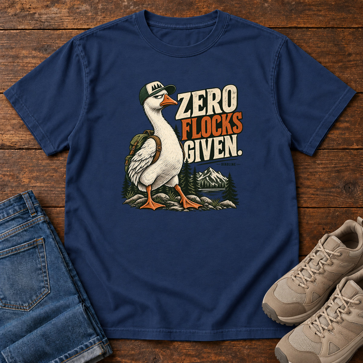 Zero Flocks Given T-Shirt in True Navy, front laid flat on wood, featuring a white long-necked bird wearing a cap and backpack beside cream-and-orange lettering and mountains.
