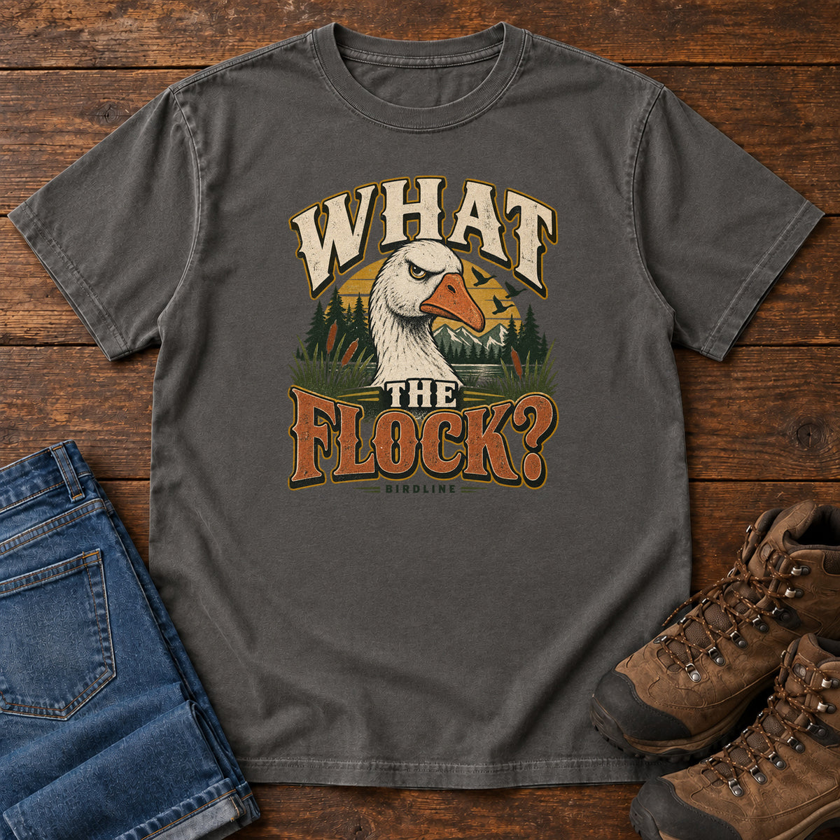 Pepper What the Flock? T-Shirt with a white goose head, evergreens and cream and orange slogan lettering; front flat lay on wood.