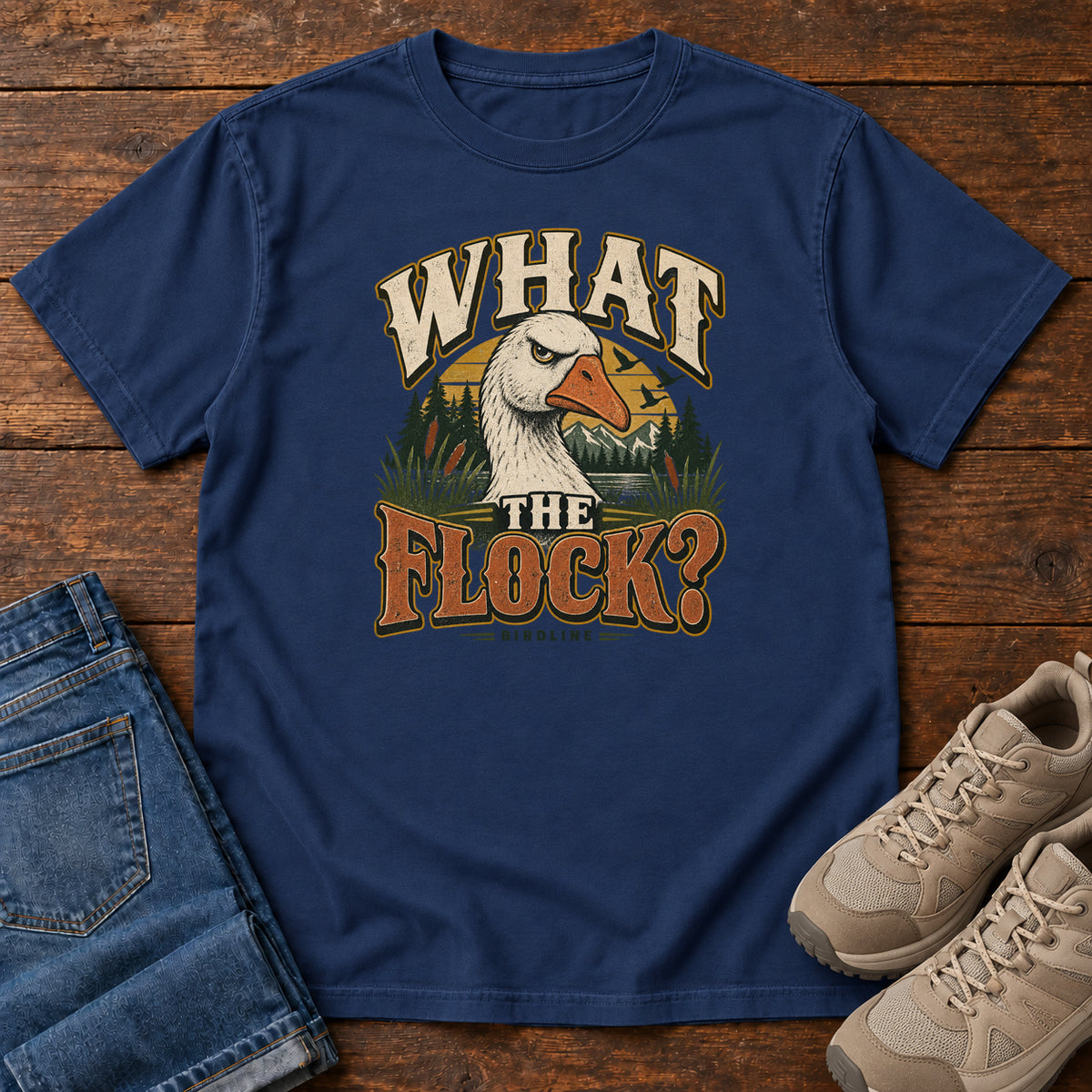True Navy What the Flock? T-Shirt with a white goose head, evergreens and cream and orange slogan lettering; front flat lay on wood.