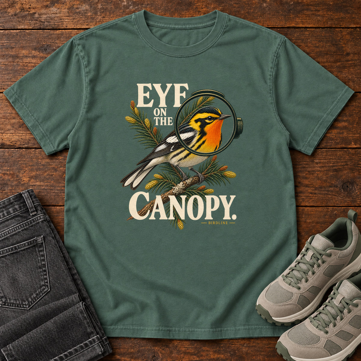 Eye on the Canopy Warbler T-Shirt in Blue Spruce