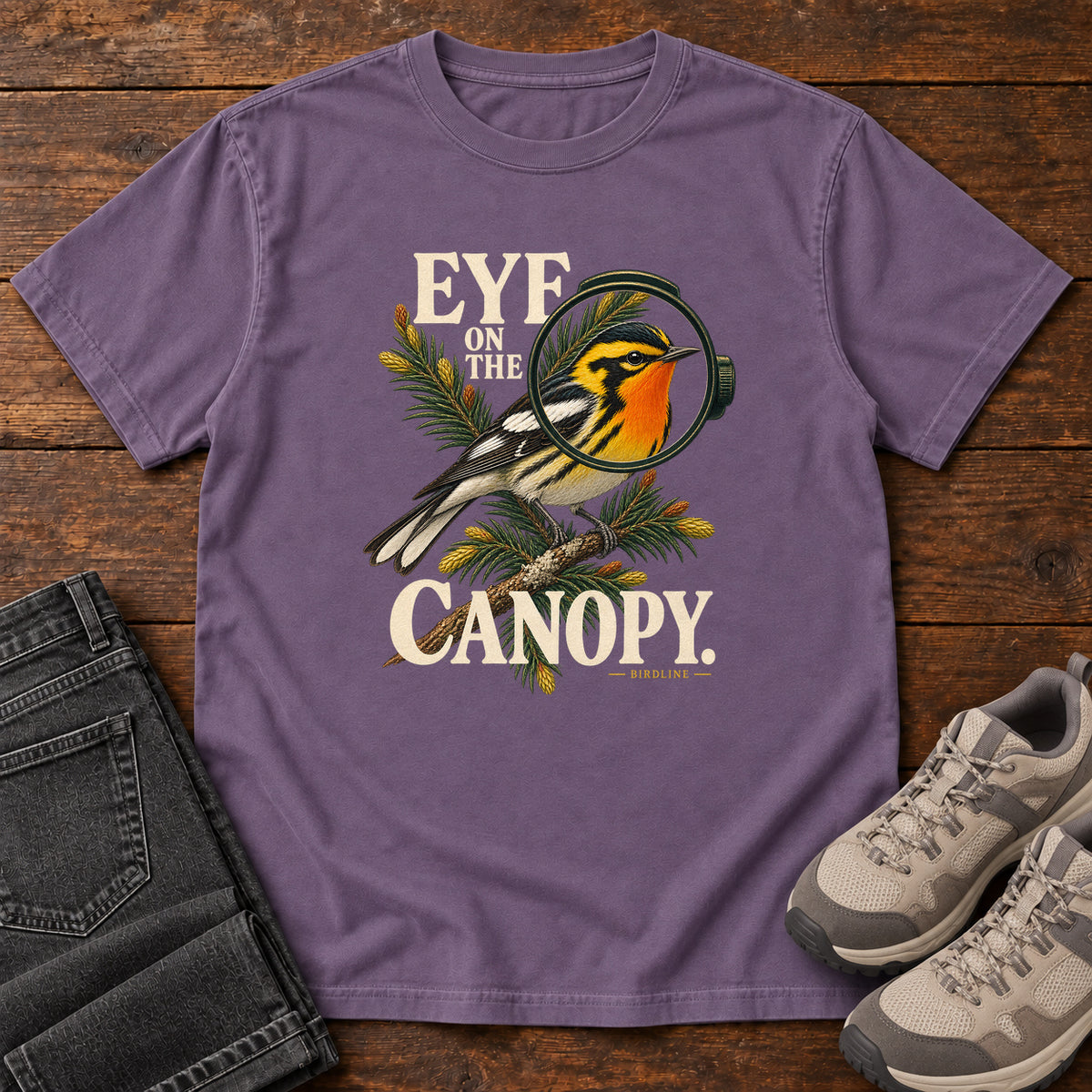 Eye on the Canopy Warbler T-Shirt in Grape