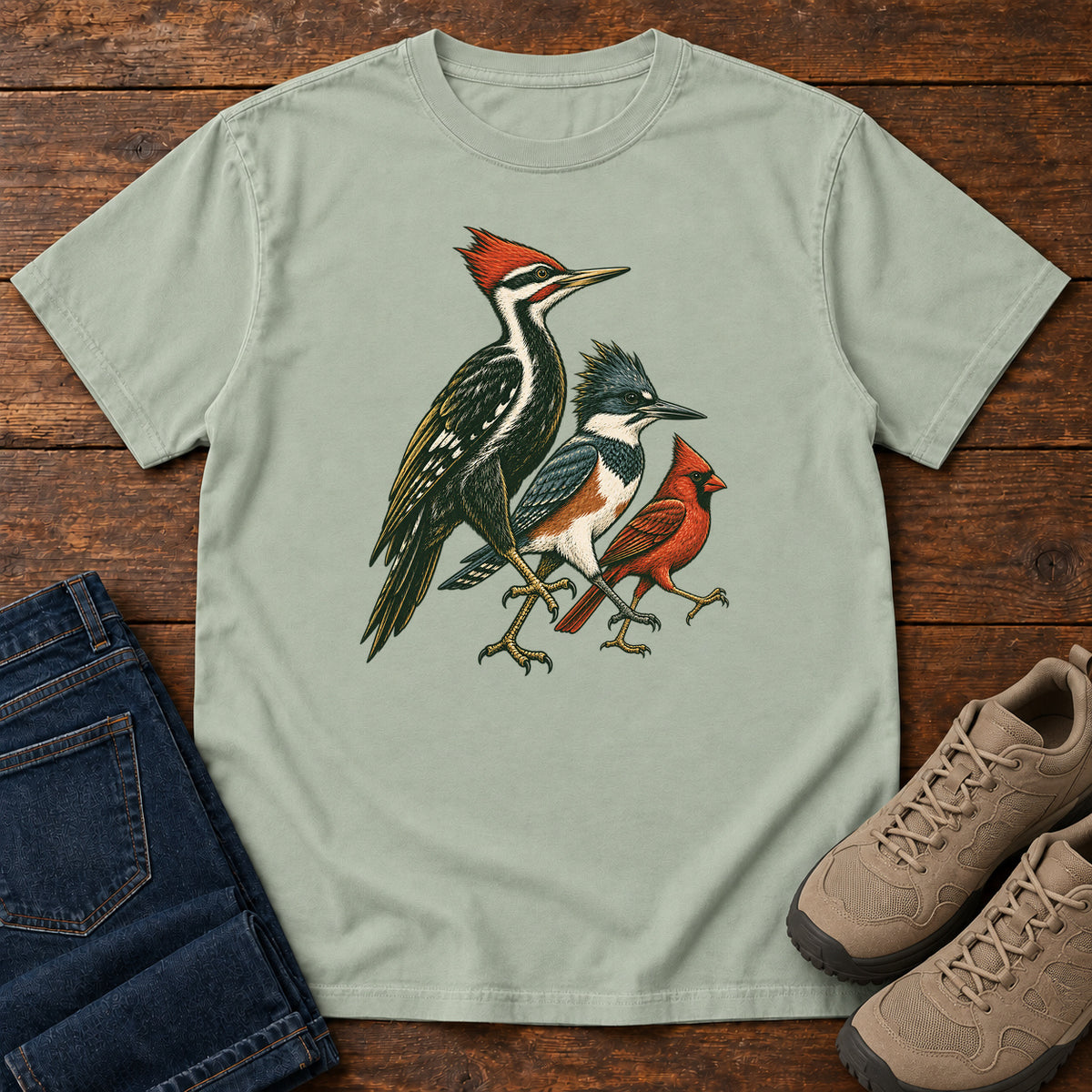 Woodpecker, Blue Jay & Cardinal T-Shirt in Bay