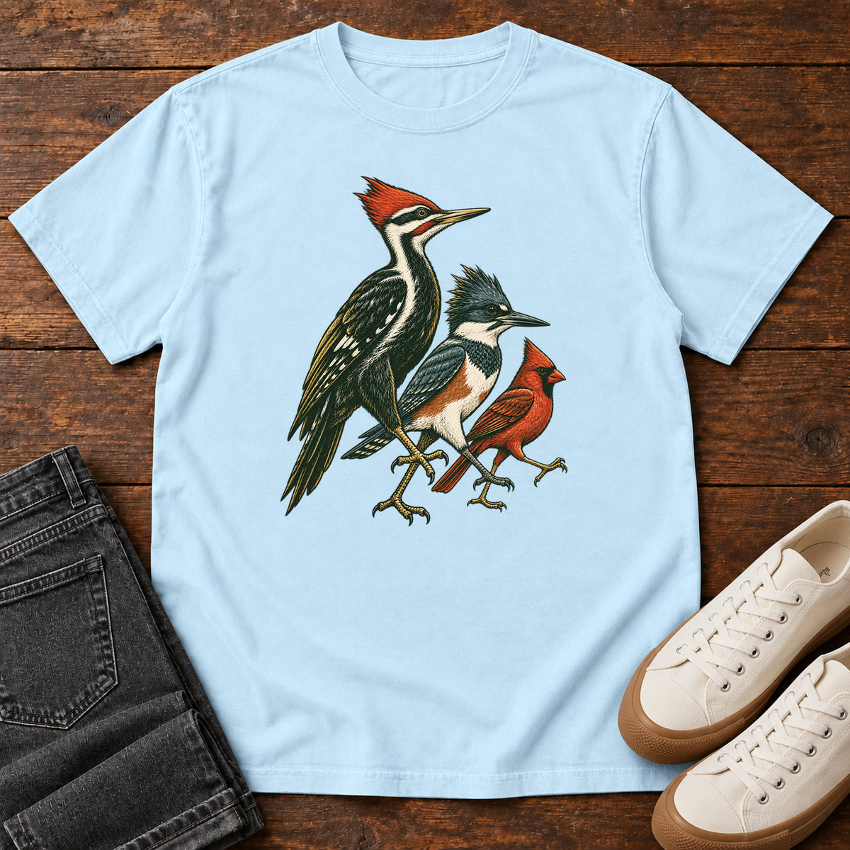 Woodpecker, Blue Jay & Cardinal T-Shirt in Chambray