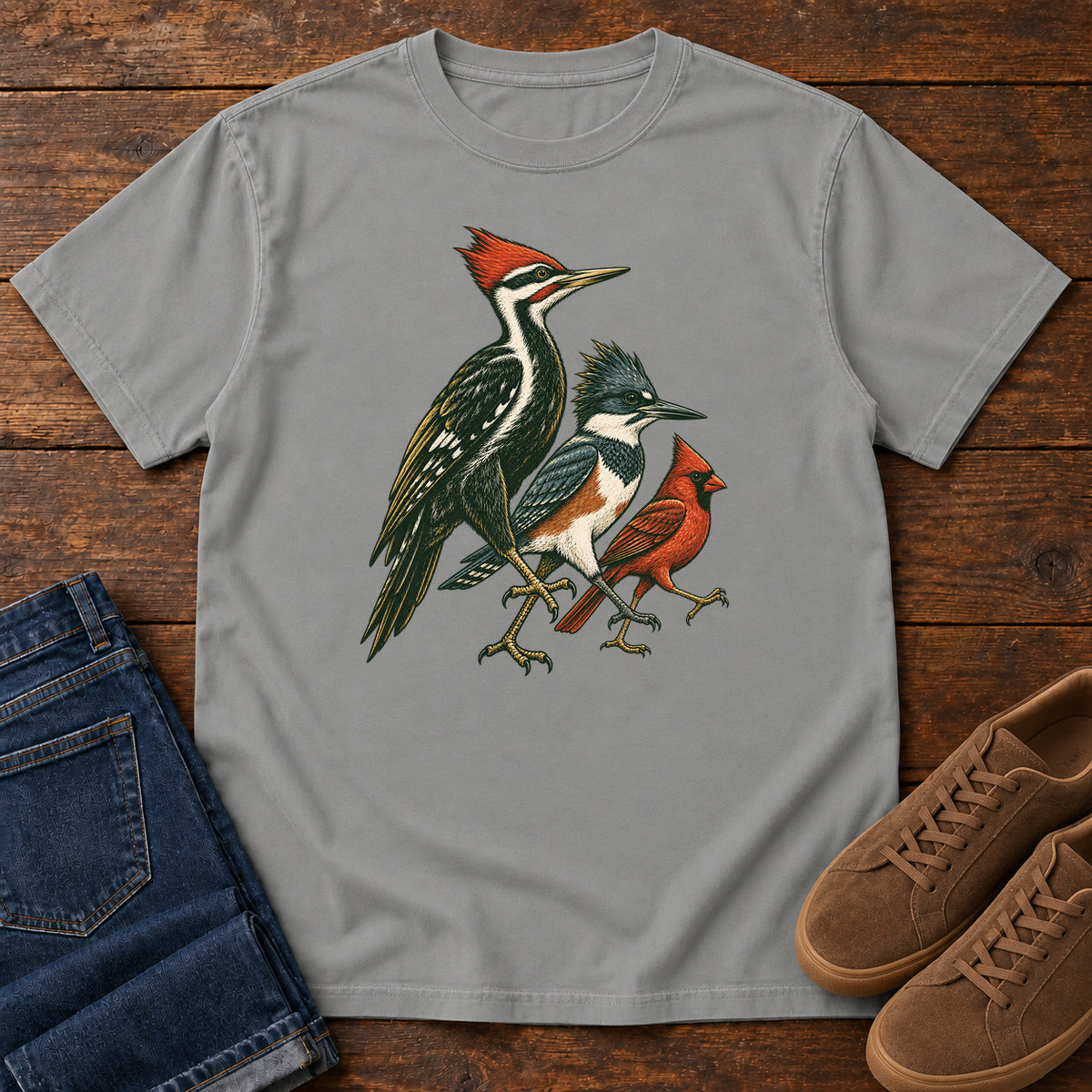 Woodpecker, Blue Jay & Cardinal T-Shirt in Grey