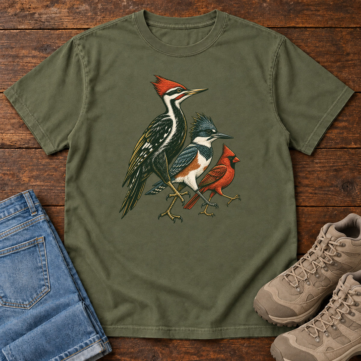 Woodpecker, Blue Jay & Cardinal T-Shirt in Hemp
