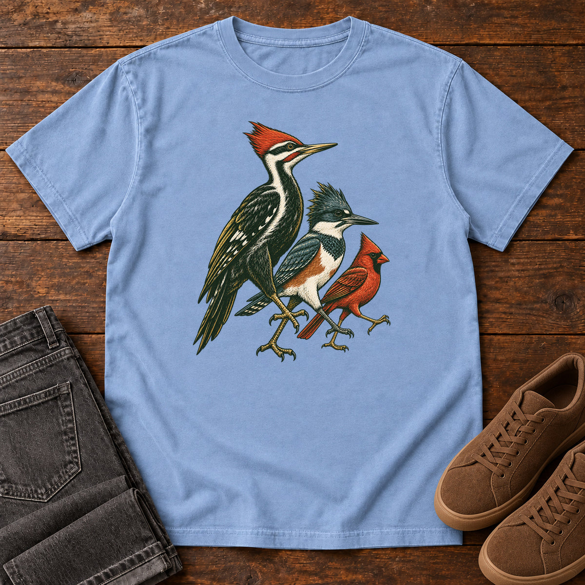 Woodpecker, Blue Jay & Cardinal T-Shirt in Washed Denim