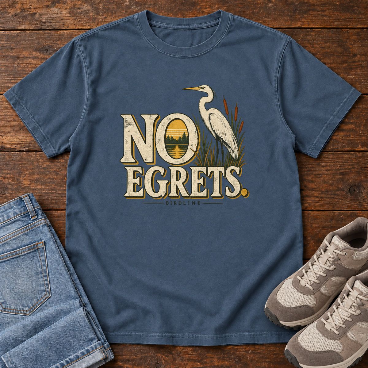 Midnight No Egrets. T-Shirt with a white long-necked wading bird beside reeds and lettering framing a sunset; front flat lay on wood.