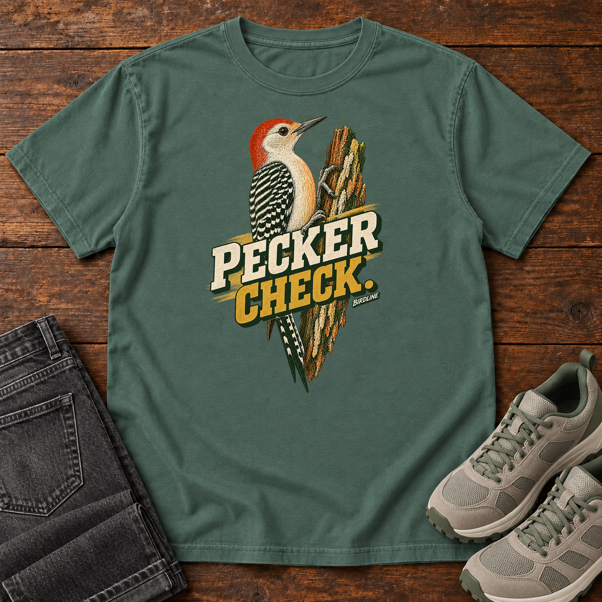 Pecker Check Woodpecker T-Shirt in Blue Spruce