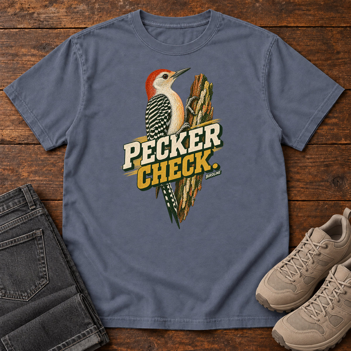 Pecker Check Woodpecker T-Shirt in Denim