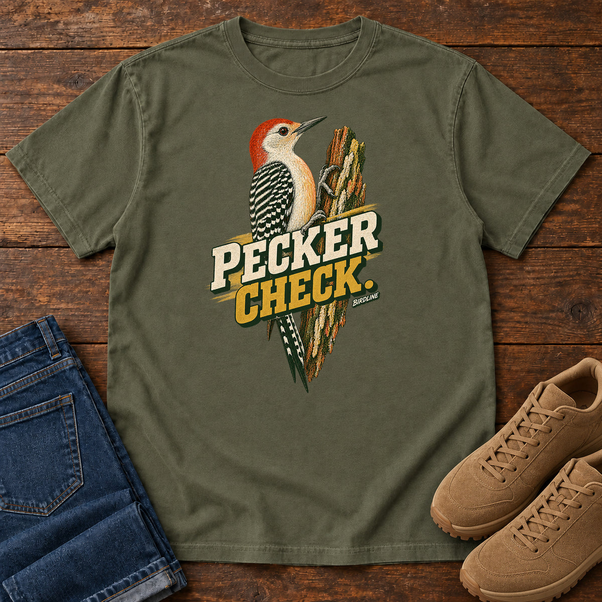 Pecker Check Woodpecker T-Shirt in Sage
