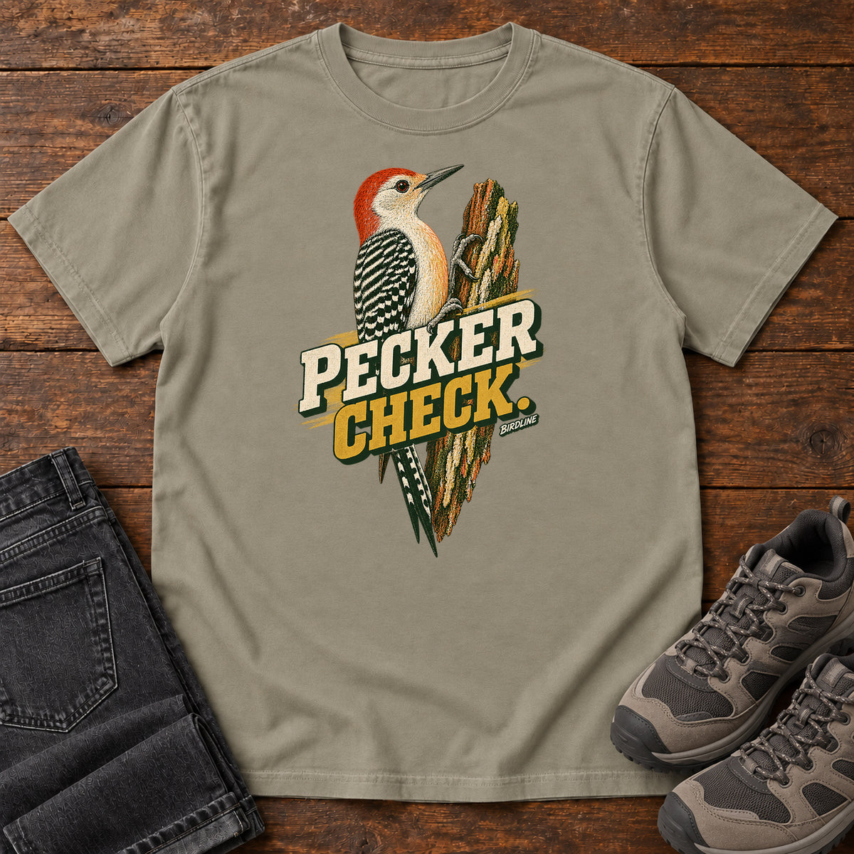 Pecker Check Woodpecker T-Shirt in Sandstone