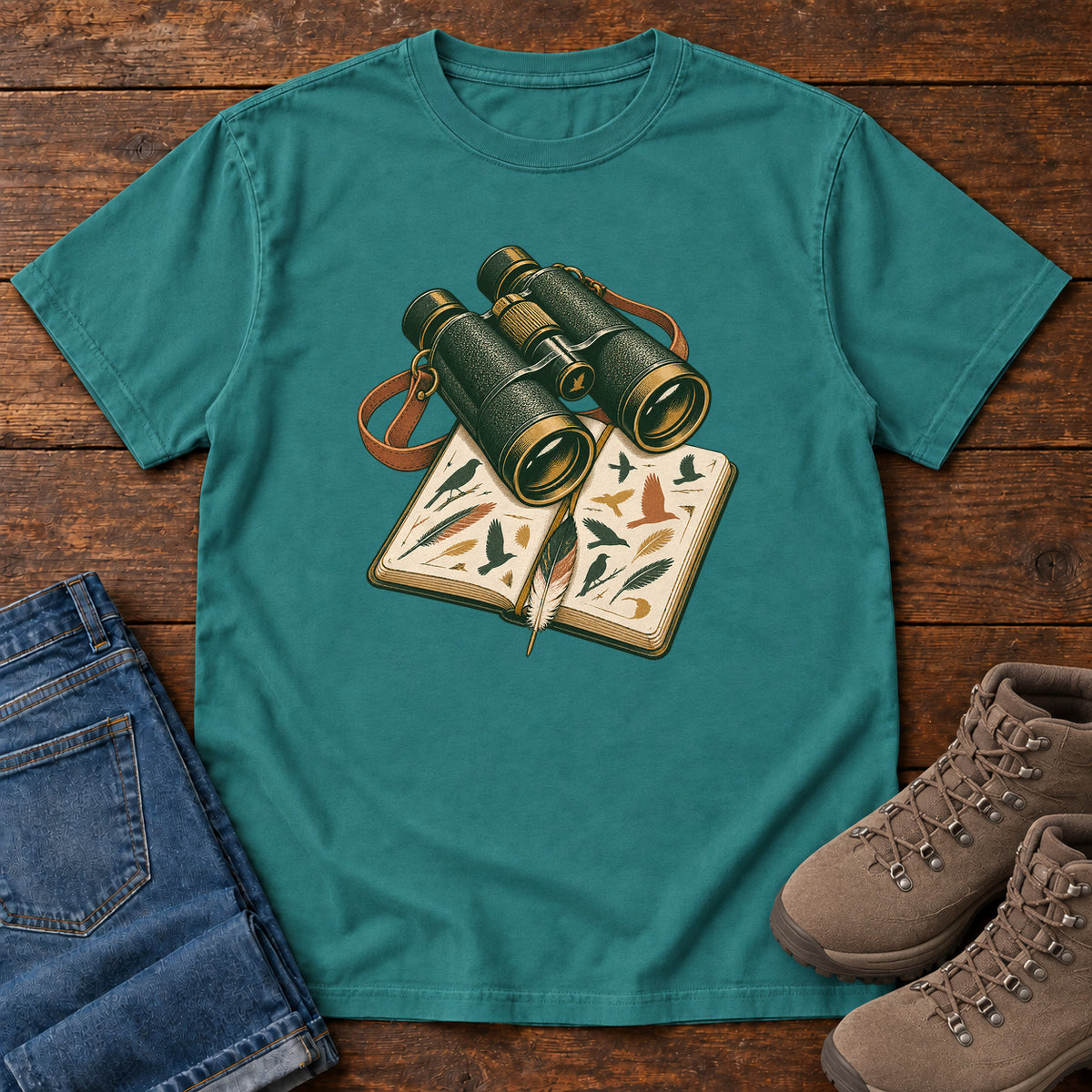 Binoculars & Field Guide T-Shirt in Emerald