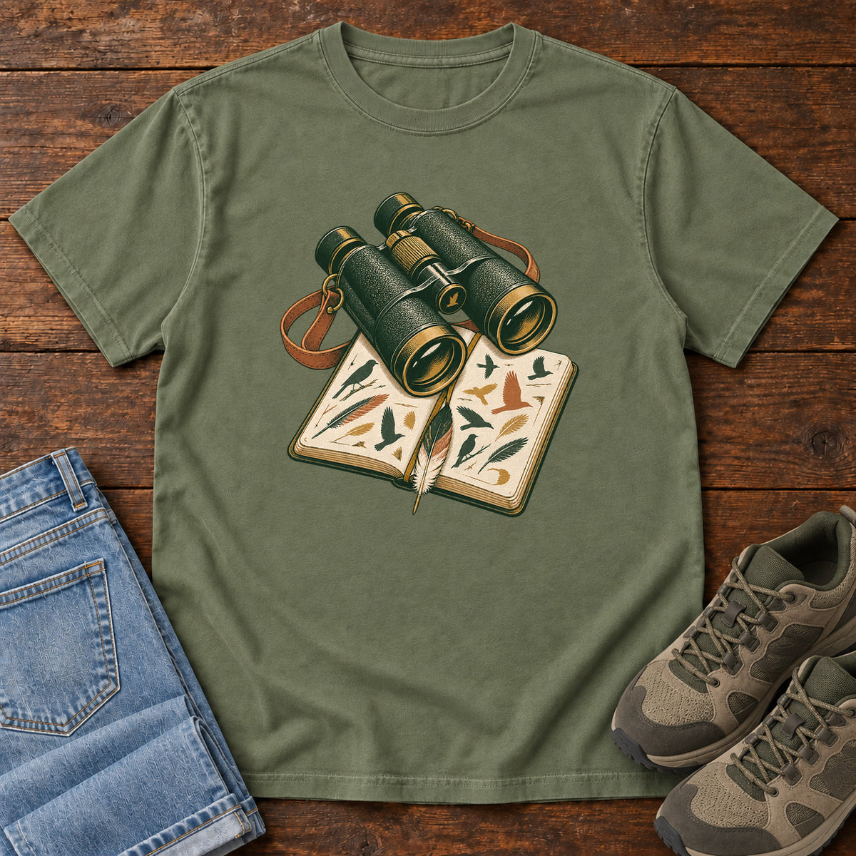 Binoculars & Field Guide T-Shirt in Moss