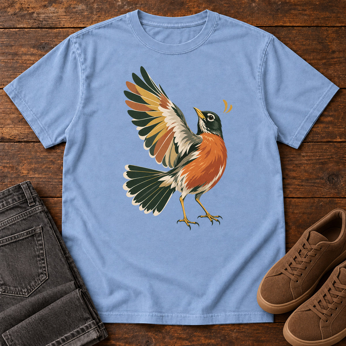 Robin in Flight T-Shirt in Washed Denim