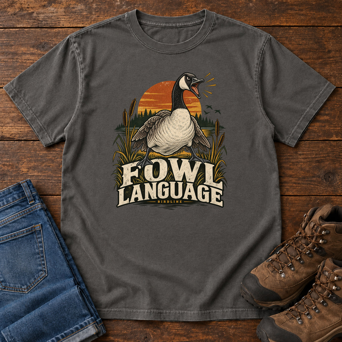 Pepper Fowl Language T-Shirt with an open-beaked goose among reeds against an orange sunset; front flat lay on wood.
