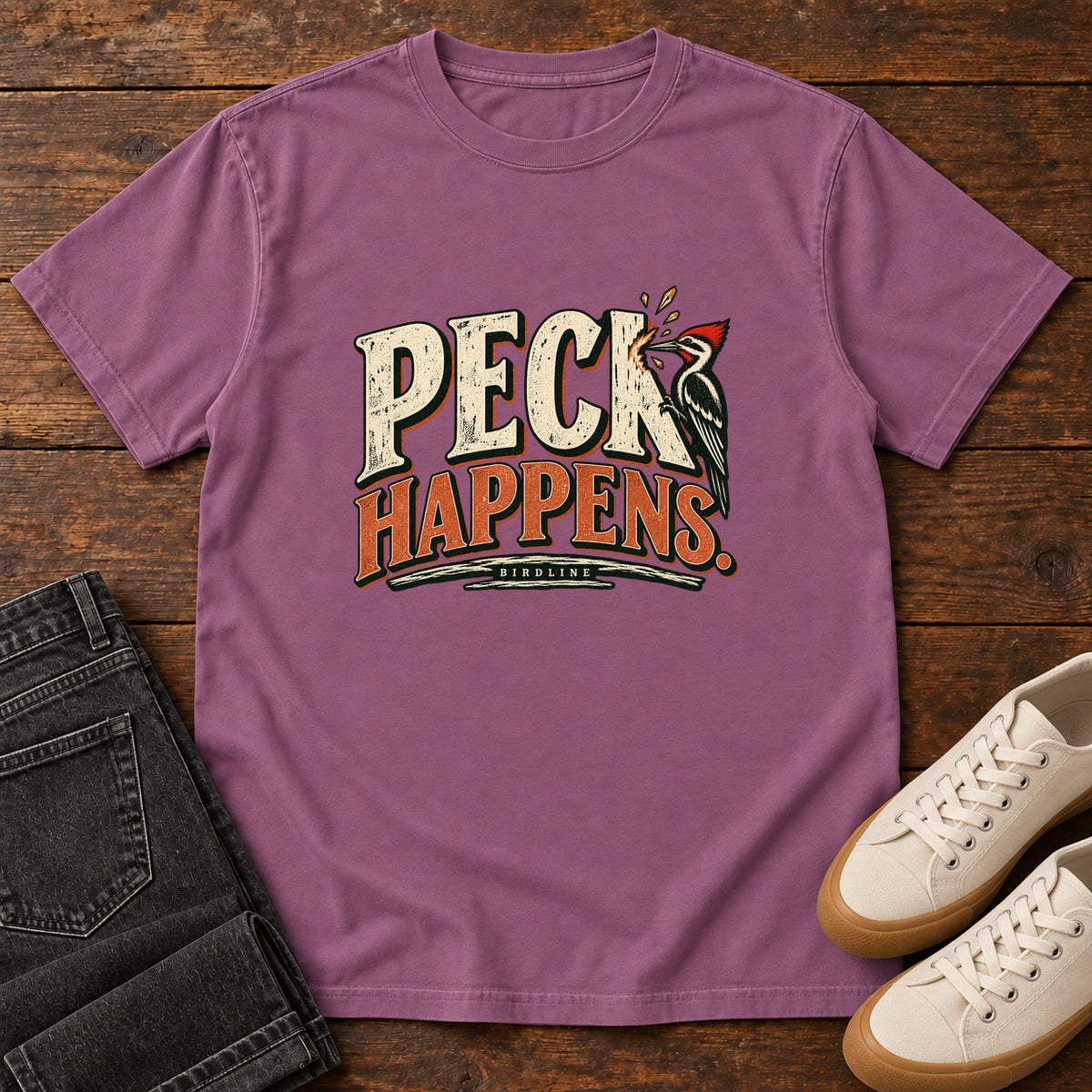 Berry Peck Happens. T-Shirt with a red-crested bird pecking at cream and orange slogan lettering; front flat lay on wood.