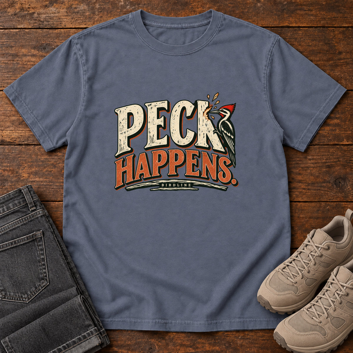 Denim Peck Happens. T-Shirt with a red-crested bird pecking at cream and orange slogan lettering; front flat lay on wood.