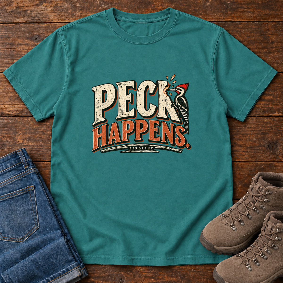 Emerald Peck Happens. T-Shirt with a red-crested bird pecking at cream and orange slogan lettering; front flat lay on wood.