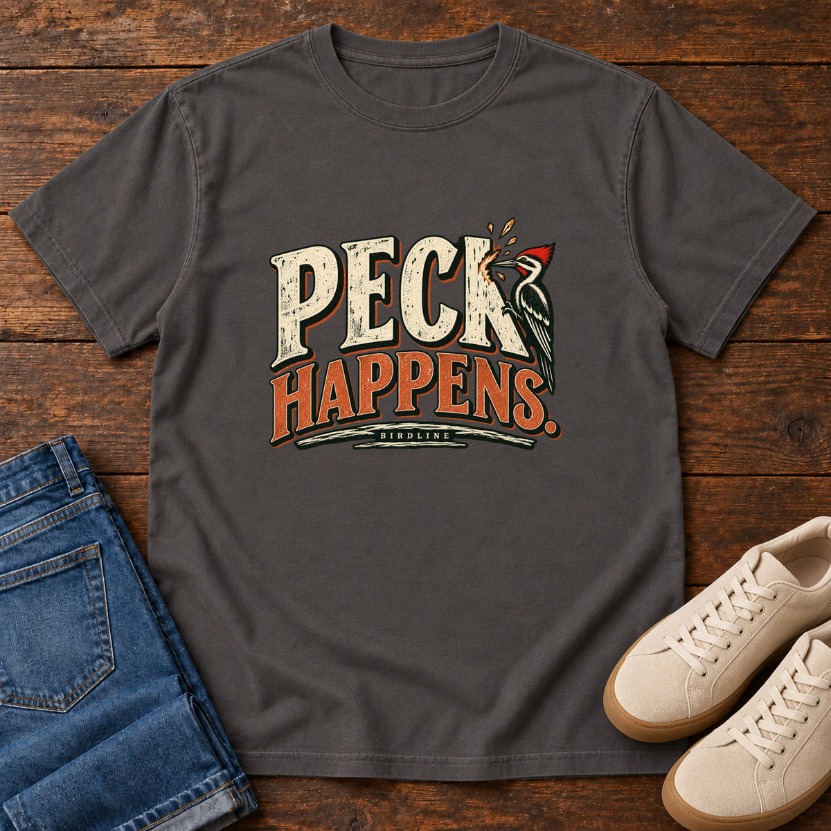 Graphite Peck Happens. T-Shirt with a red-crested bird pecking at cream and orange slogan lettering; front flat lay on wood.