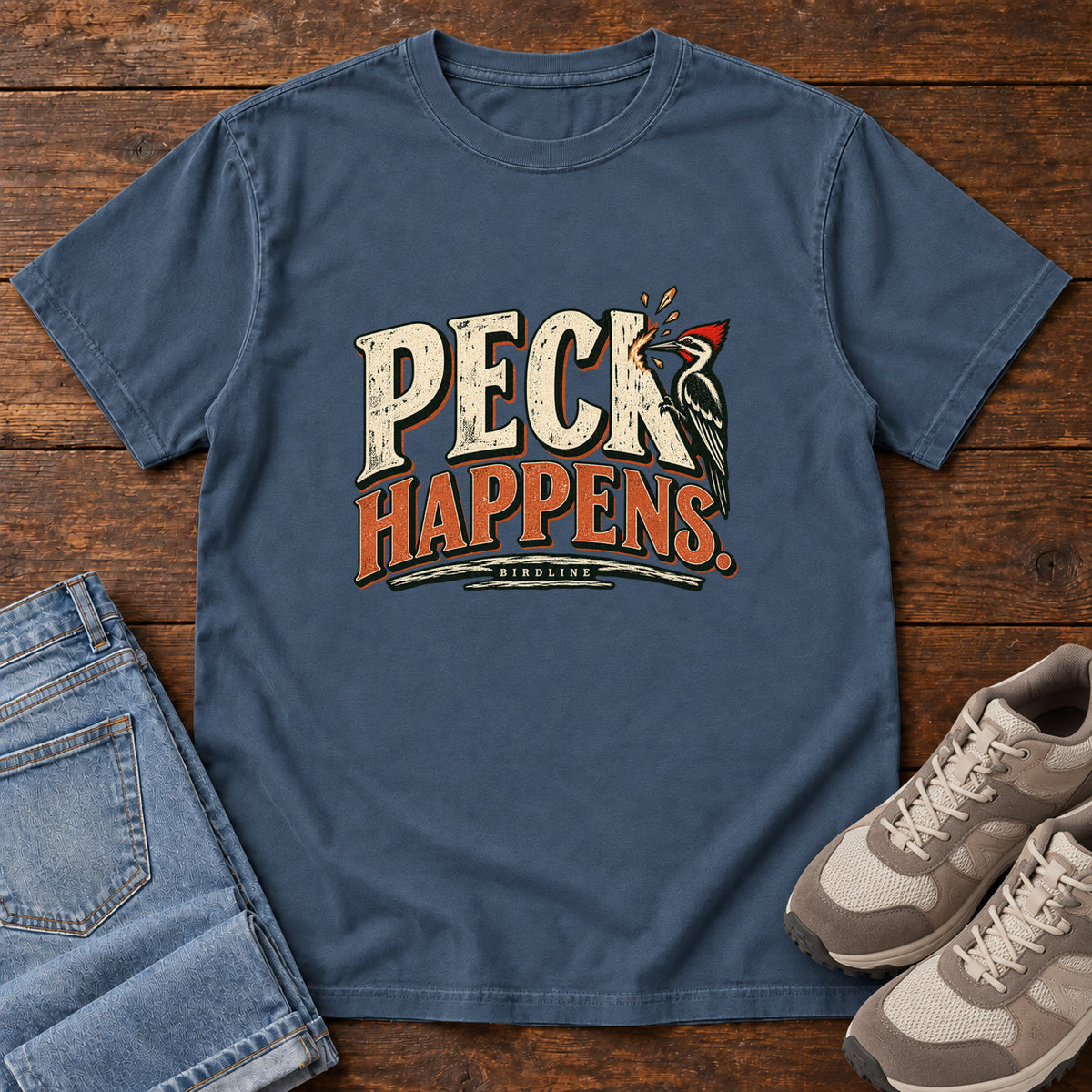 Midnight Peck Happens. T-Shirt with a red-crested bird pecking at cream and orange slogan lettering; front flat lay on wood.