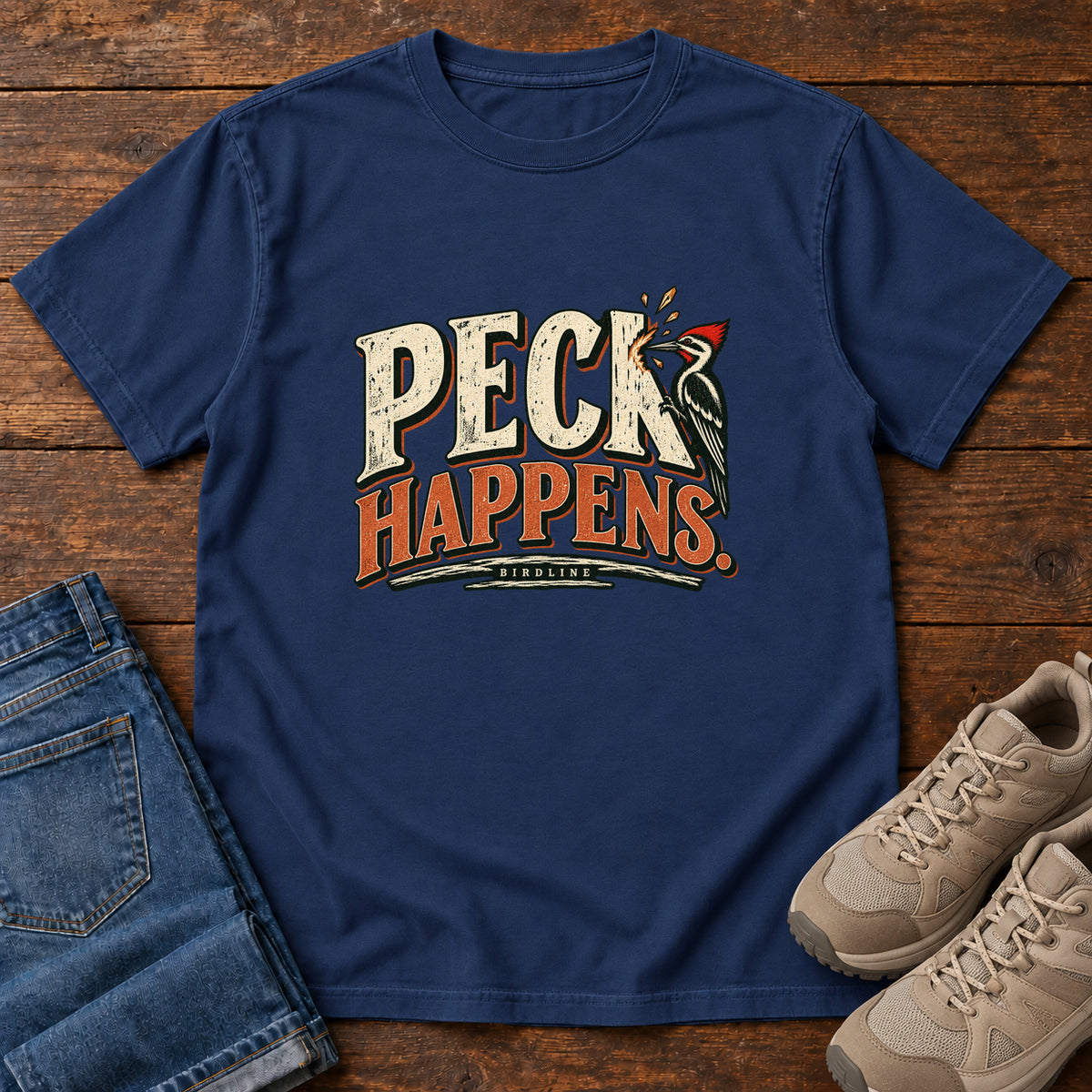True Navy Peck Happens. T-Shirt with a red-crested bird pecking at cream and orange slogan lettering; front flat lay on wood.