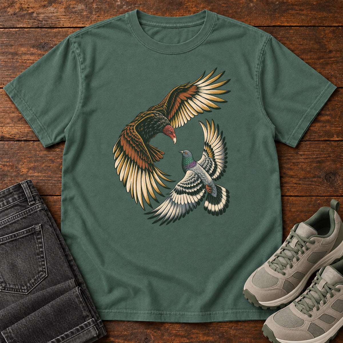 Hawk and Pigeon in Flight T-Shirt in Blue Spruce