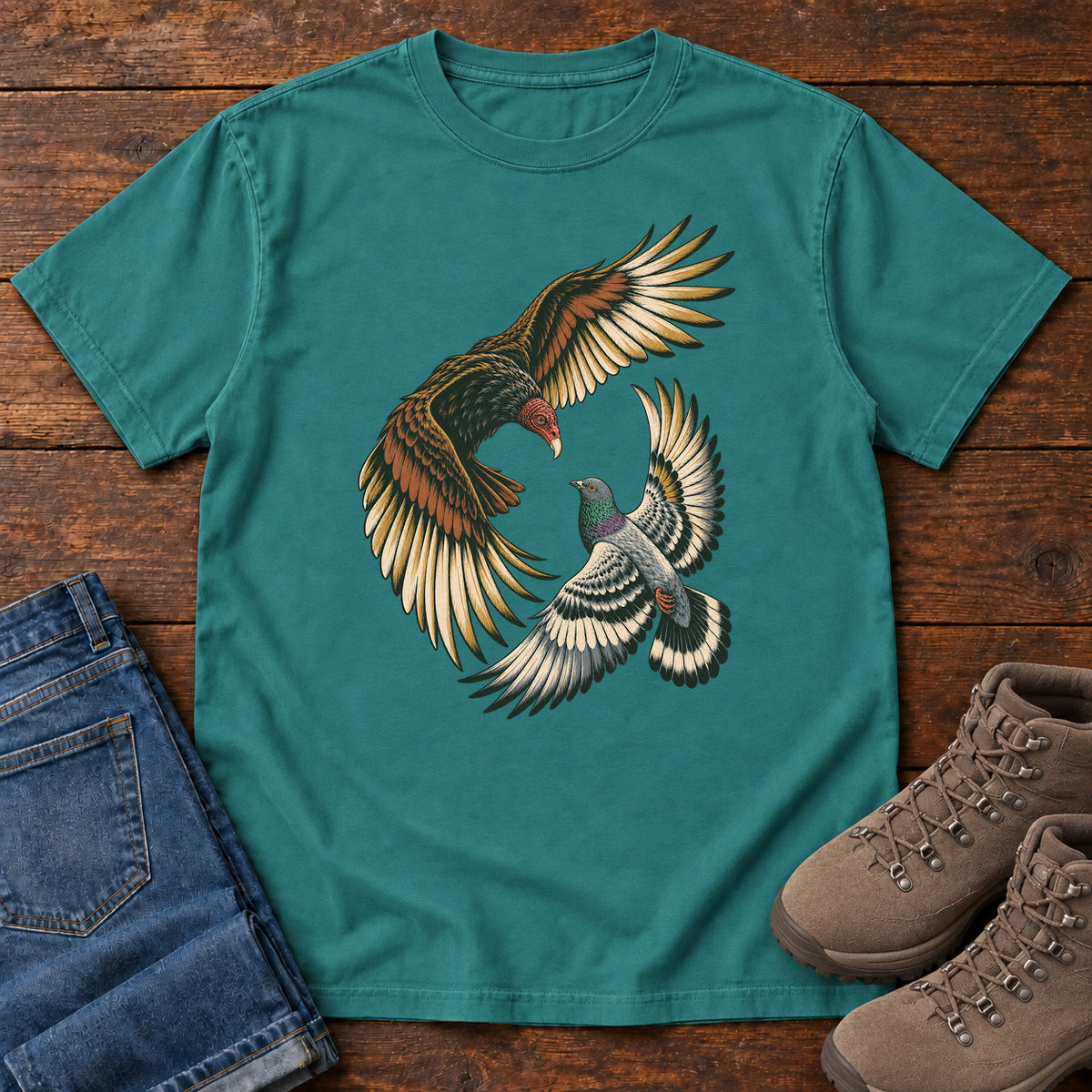 Hawk and Pigeon in Flight T-Shirt in Emerald