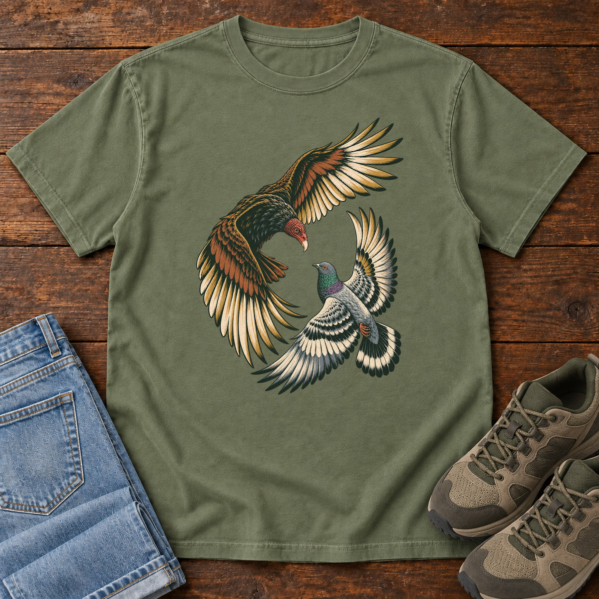 Hawk and Pigeon in Flight T-Shirt in Moss