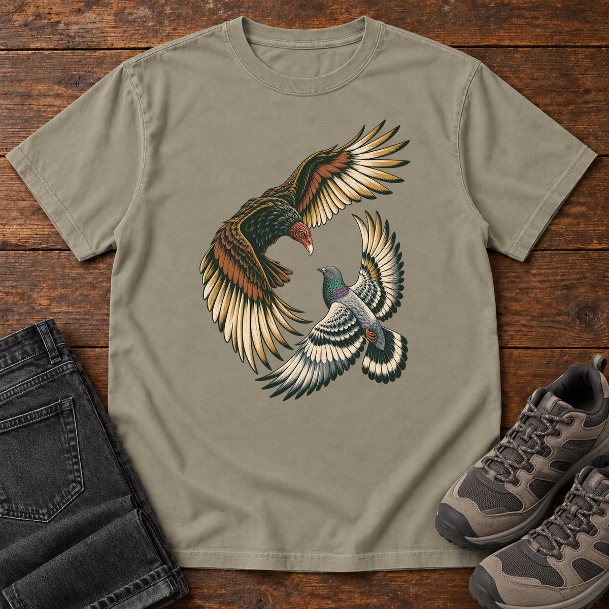 Hawk and Pigeon in Flight T-Shirt in Sandstone