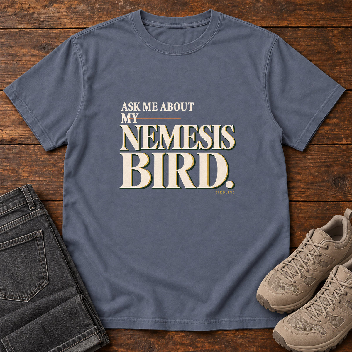 Ask Me About My Nemesis Bird T-Shirt in Denim