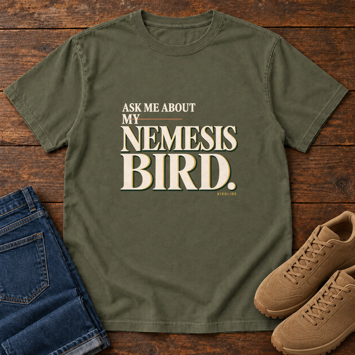 Ask Me About My Nemesis Bird T-Shirt in Sage