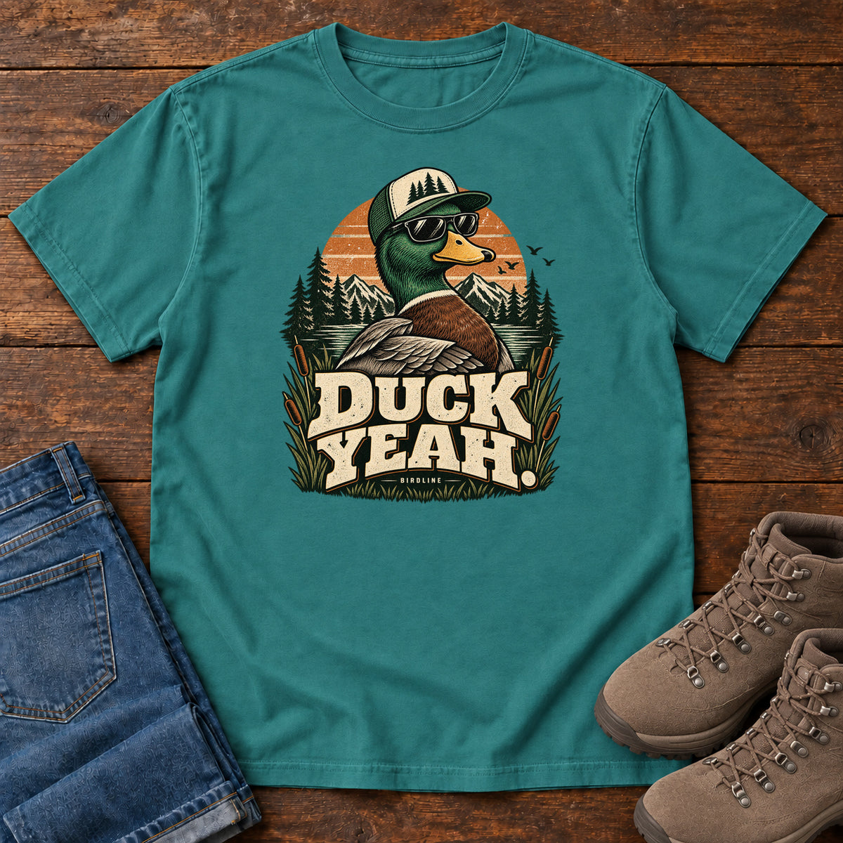 Emerald Duck Yeah T-Shirt with a green-headed duck wearing a cap and sunglasses above bold cream lettering, front flat lay on wood.