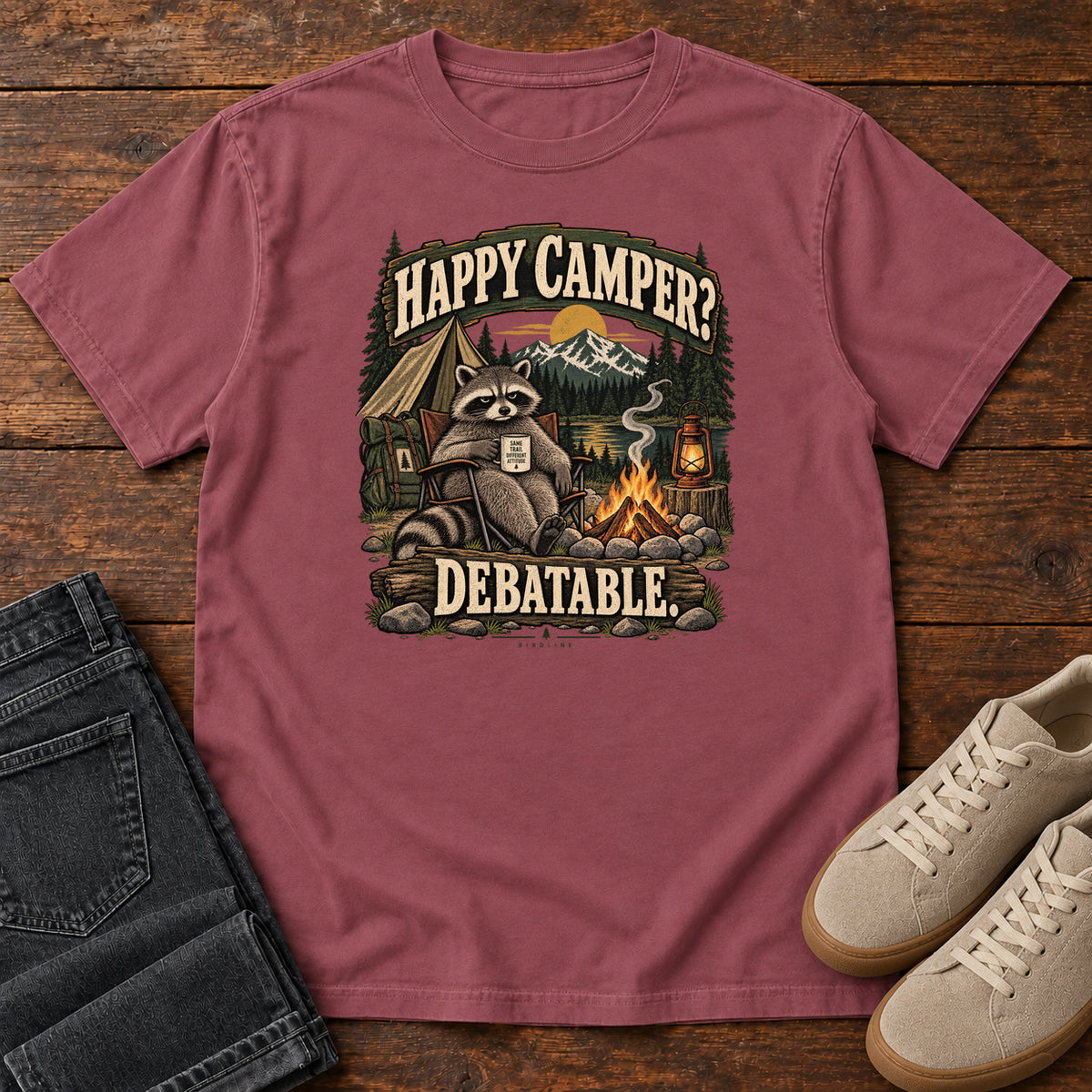 Brick Happy Camper Debatable T-Shirt with a raccoon holding a mug beside a campfire, tent and lantern, front flat lay on wood.