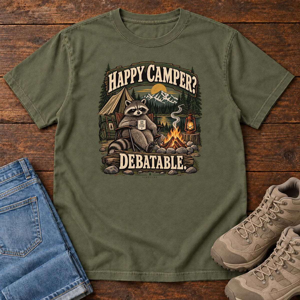Hemp Happy Camper Debatable T-Shirt with a raccoon holding a mug beside a campfire, tent and lantern, front flat lay on wood.