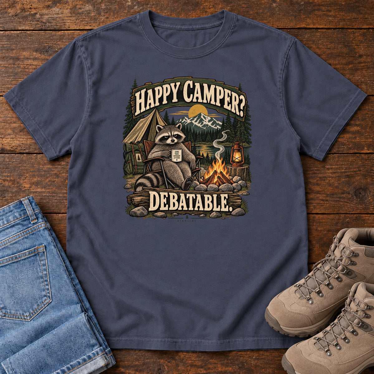 Navy Happy Camper Debatable T-Shirt with a raccoon holding a mug beside a campfire, tent and lantern, front flat lay on wood.