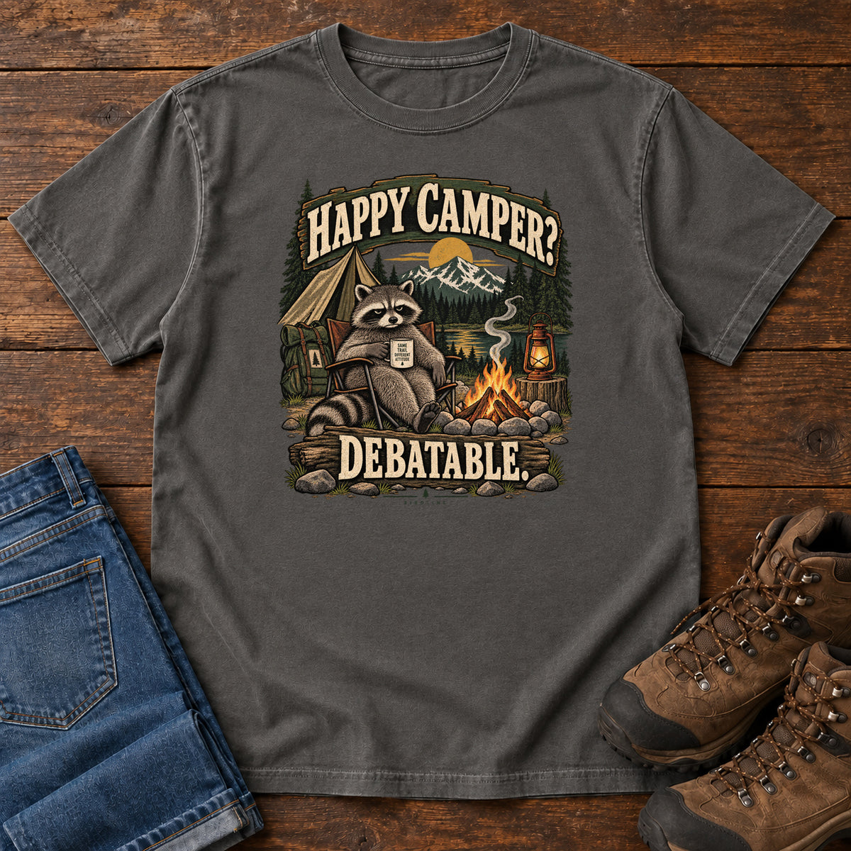 Pepper Happy Camper Debatable T-Shirt with a raccoon holding a mug beside a campfire, tent and lantern, front flat lay on wood.