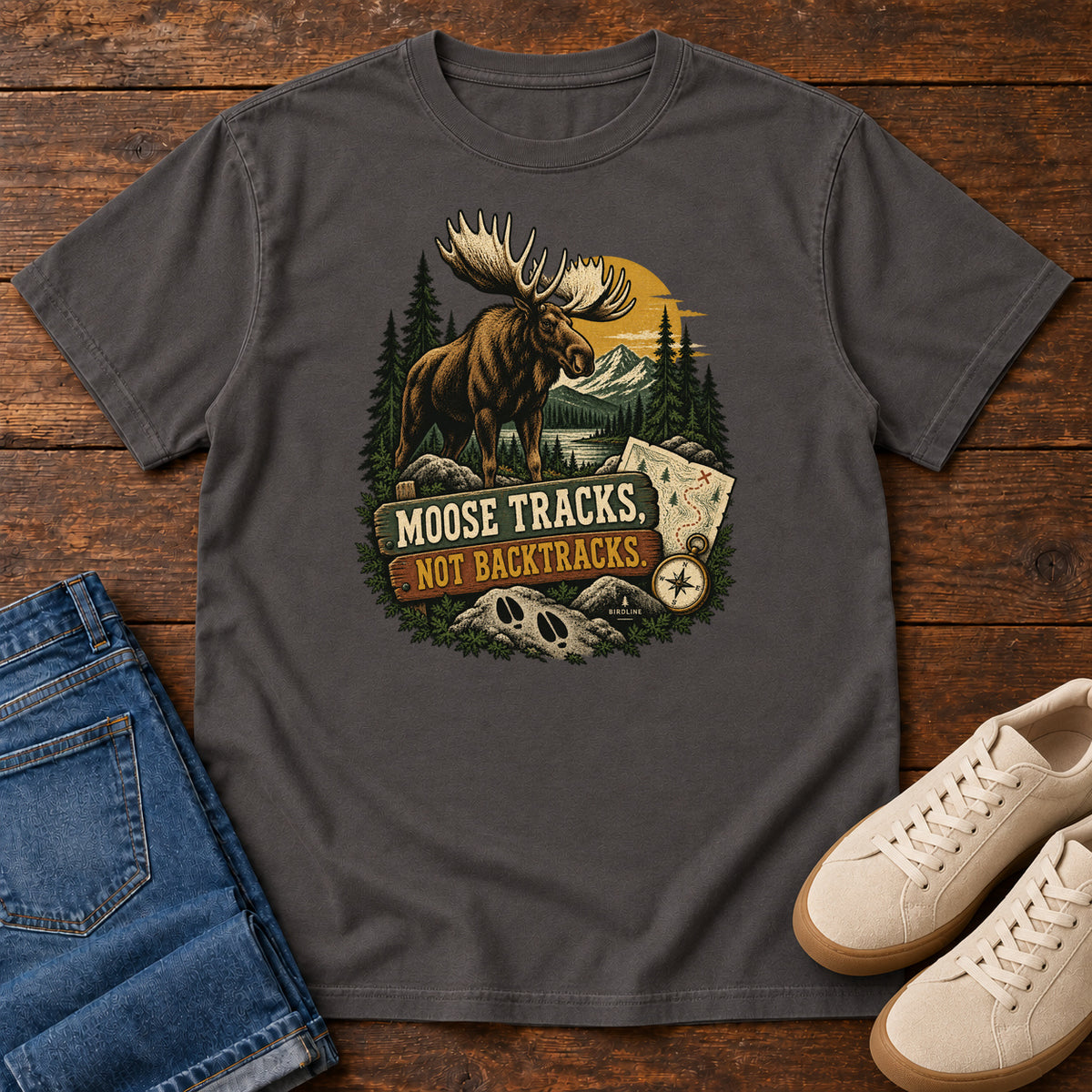 Graphite Moose Tracks Not Backtracks T-Shirt with a moose in a mountain forest above a map, compass and cream and gold lettering, front flat lay on wood.