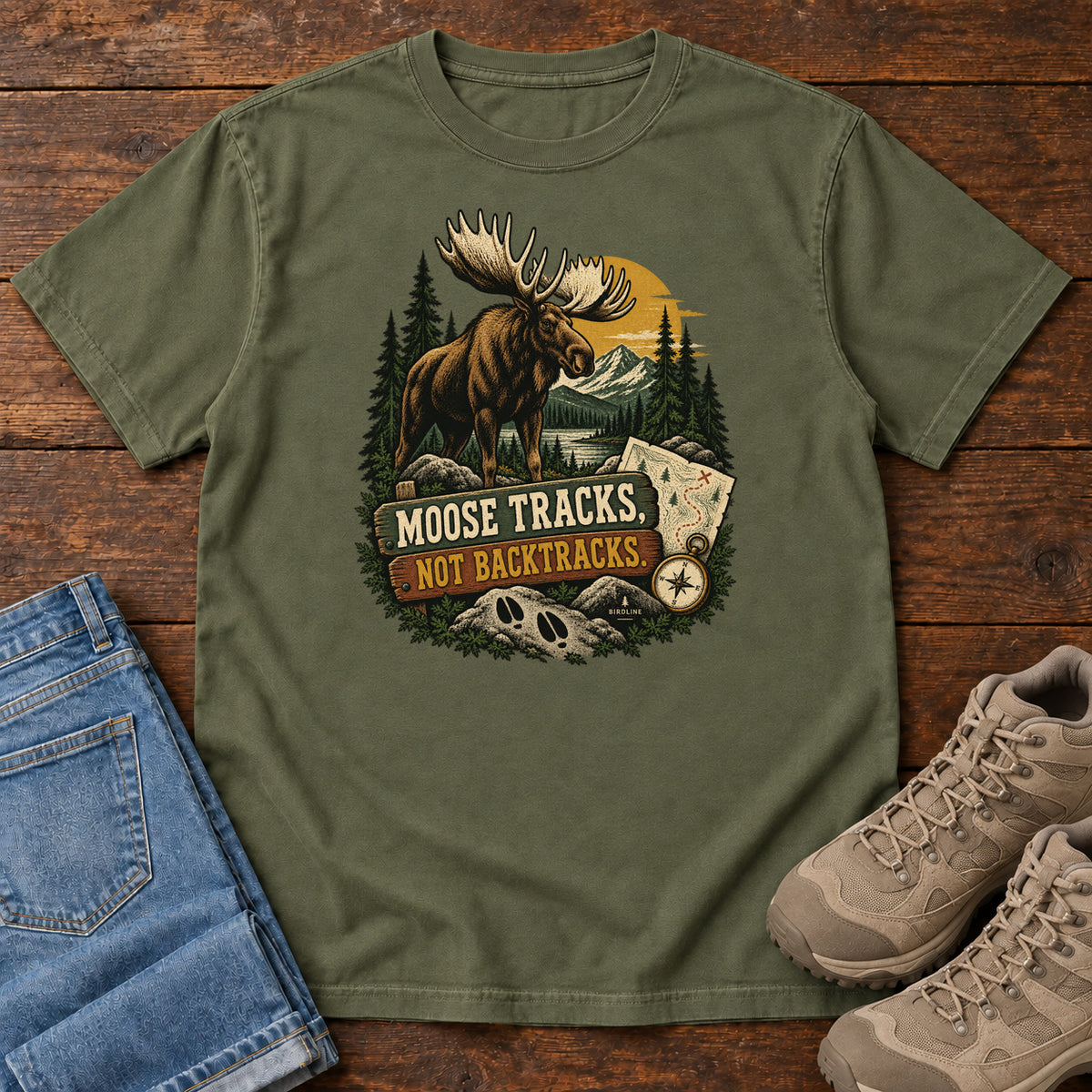 Hemp Moose Tracks Not Backtracks T-Shirt with a moose in a mountain forest above a map, compass and cream and gold lettering, front flat lay on wood.