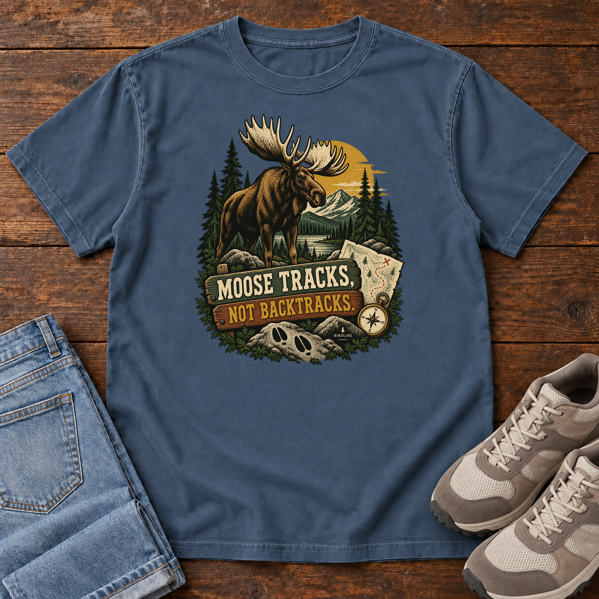 Midnight Moose Tracks Not Backtracks T-Shirt with a moose in a mountain forest above a map, compass and cream and gold lettering, front flat lay on wood.
