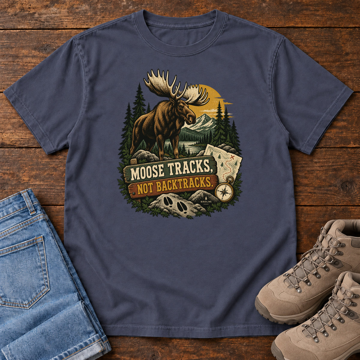Navy Moose Tracks Not Backtracks T-Shirt with a moose in a mountain forest above a map, compass and cream and gold lettering, front flat lay on wood.