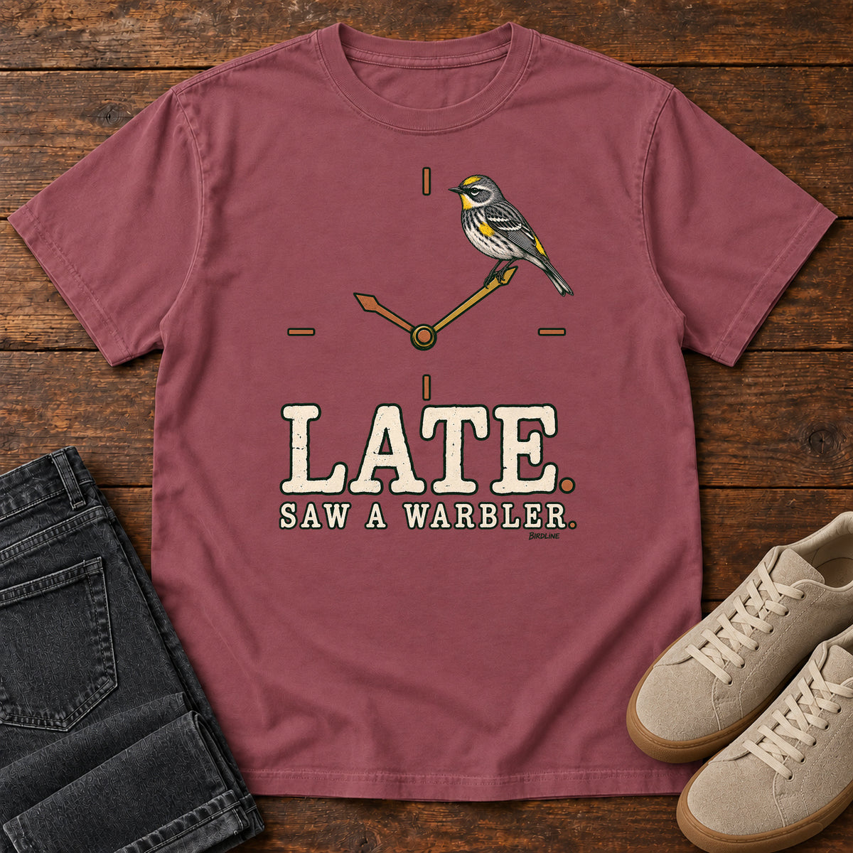 Late Saw a Warbler T-Shirt in Brick