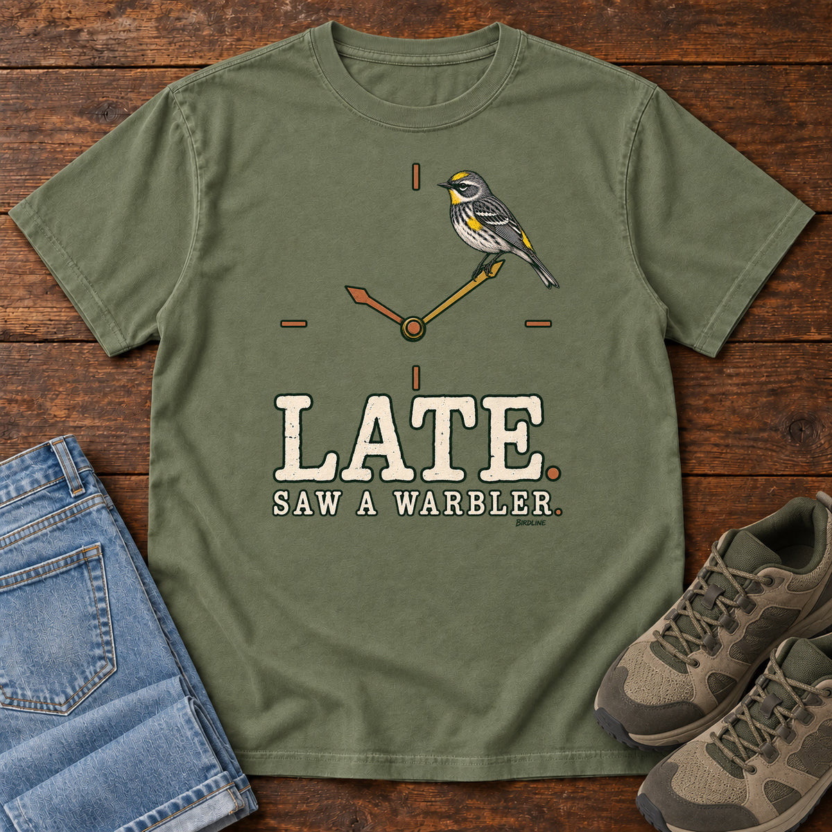 Late Saw a Warbler T-Shirt in Moss