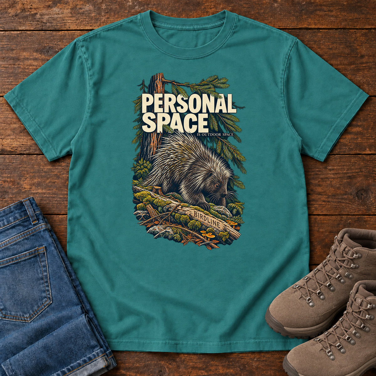 Personal Space Is Outdoor Space Porcupine T-Shirt in Emerald