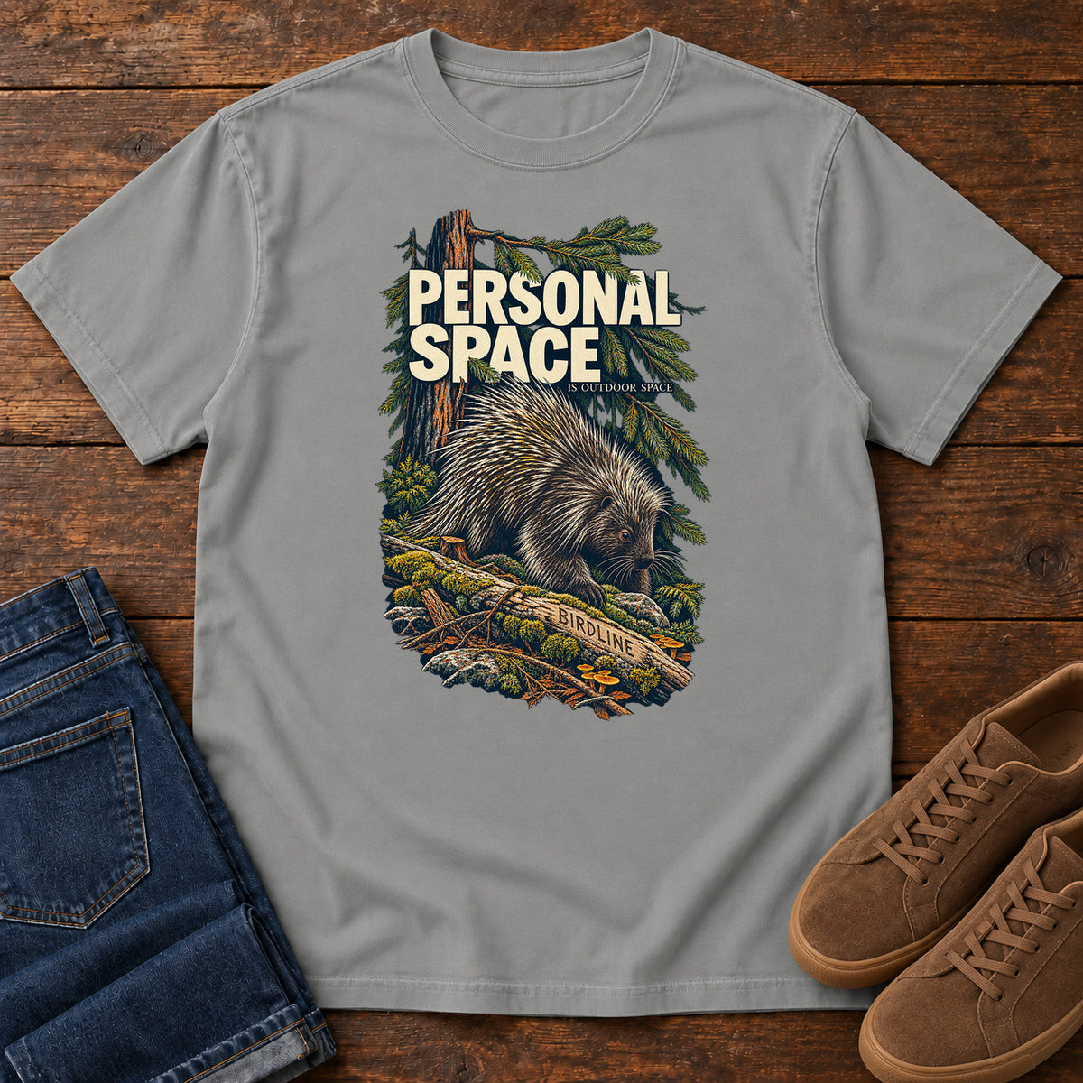 Personal Space Is Outdoor Space Porcupine T-Shirt in Grey