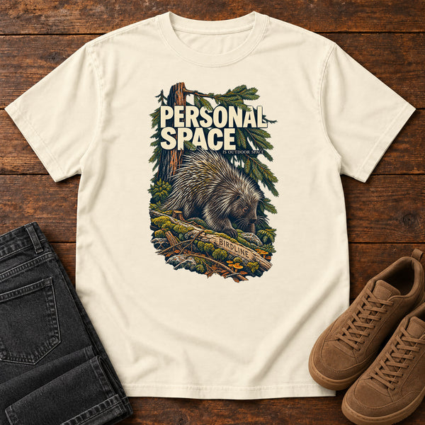 Personal Space Is Outdoor Space Porcupine T-Shirt in Ivory, front view