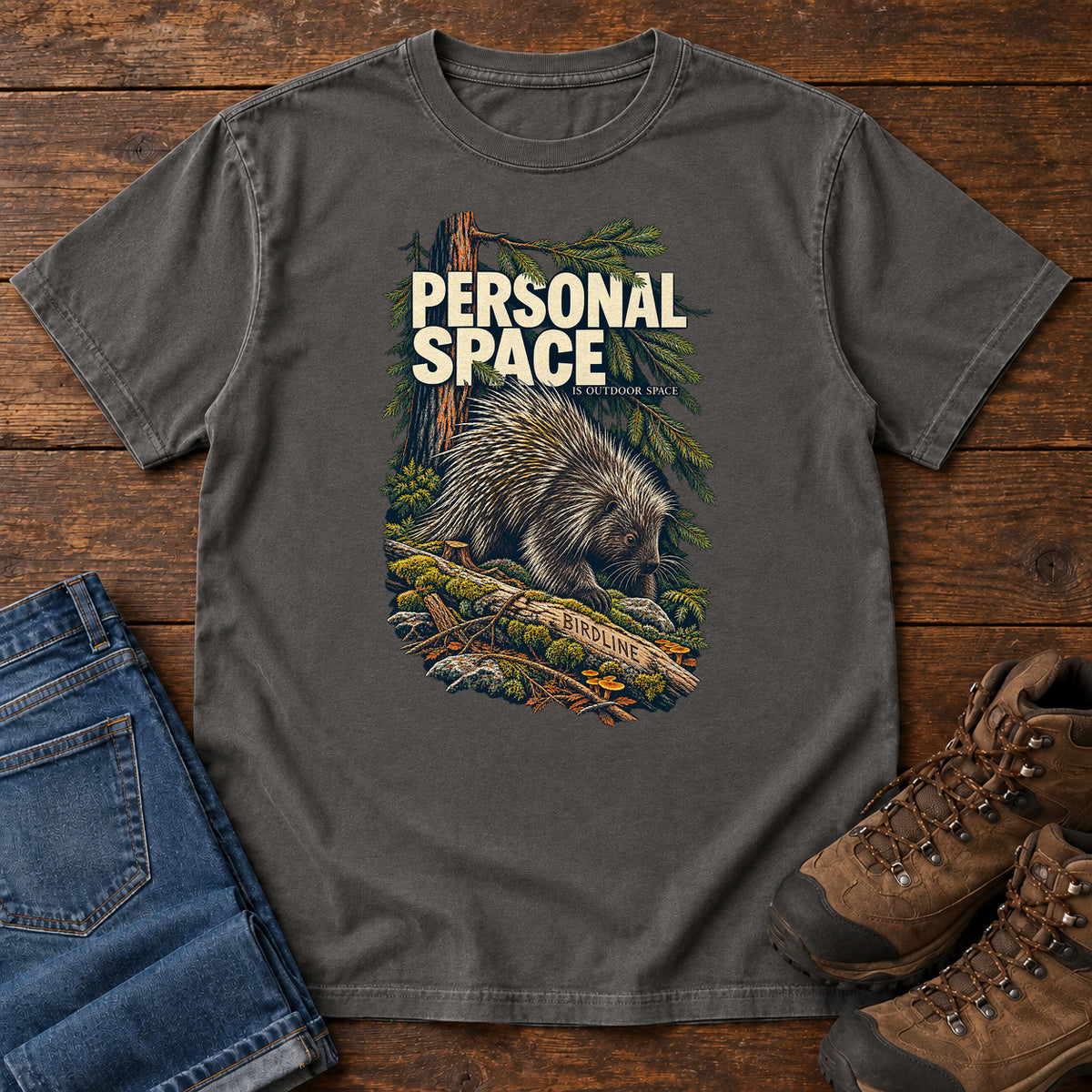 Personal Space Is Outdoor Space Porcupine T-Shirt in Pepper
