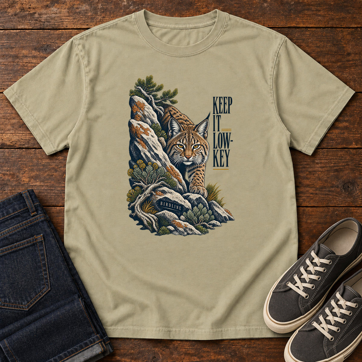 Lynx in the Rocks T-Shirt in Khaki