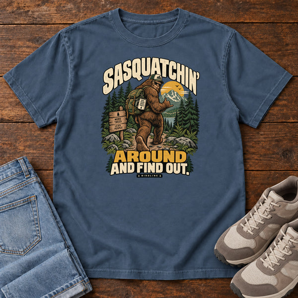 Sasquatchin Around and Find Out T-Shirt in Midnight, front view
