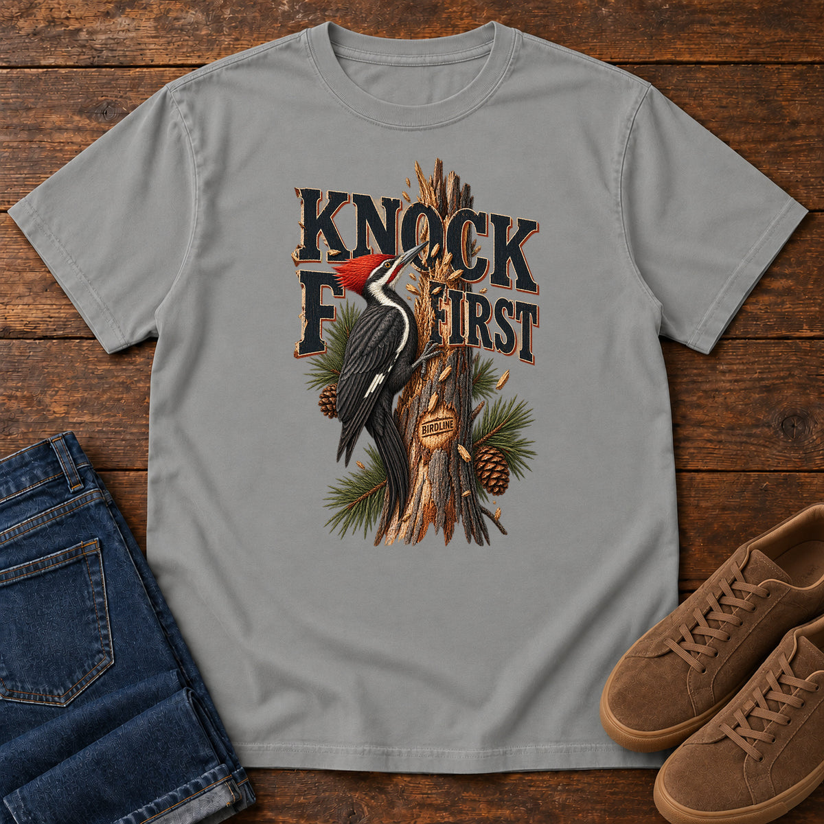 Grey Knock First Woodpecker T-Shirt with a red-crested woodpecker on a pine trunk beneath Knock First lettering, front flat lay on wood.