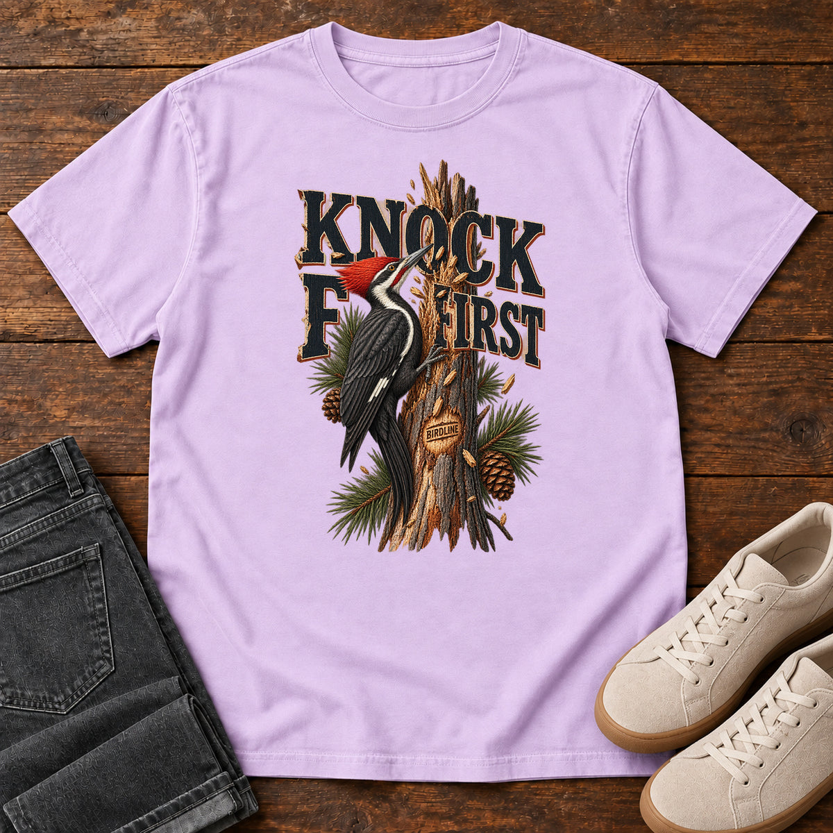 Orchid Knock First Woodpecker T-Shirt with a red-crested woodpecker on a pine trunk beneath Knock First lettering, front flat lay on wood.